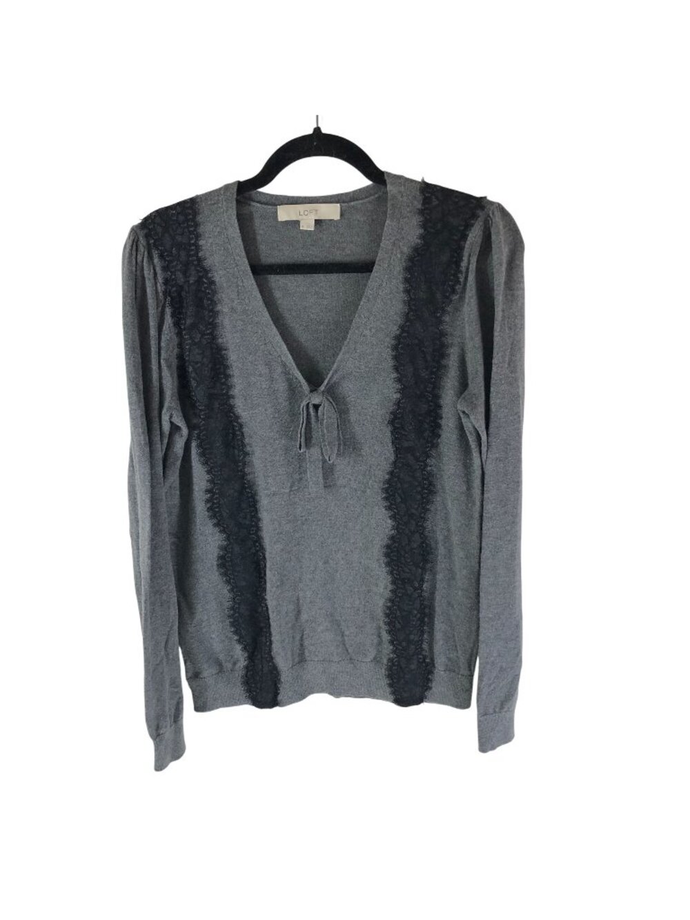 Ann Taylor LOFT Lightweight Sweater Lace Detail Tie V Neck Cotton Blend Gray M